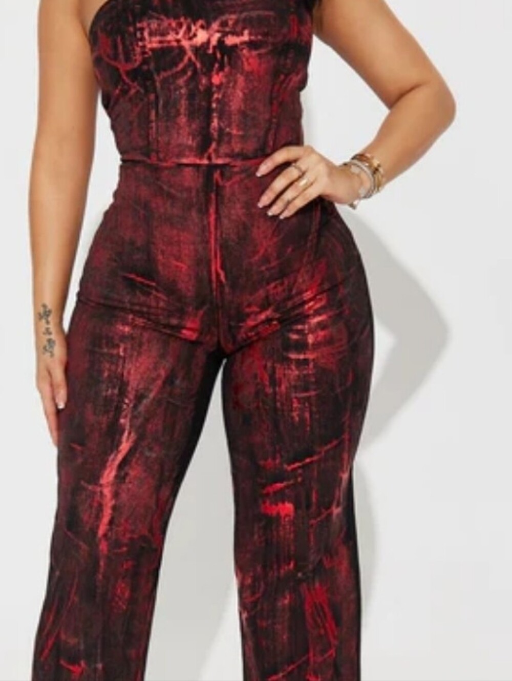 Fashion Nova Strapless Red & Black Marble Jumpsuit